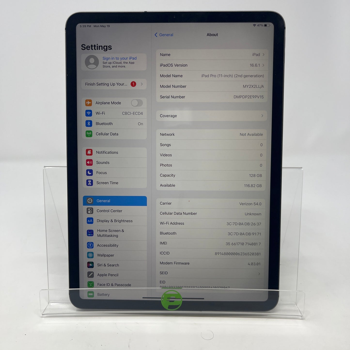 Unlocked Apple iPad Pro 11" 2nd Gen 128GB Silver MY2X2LL/A