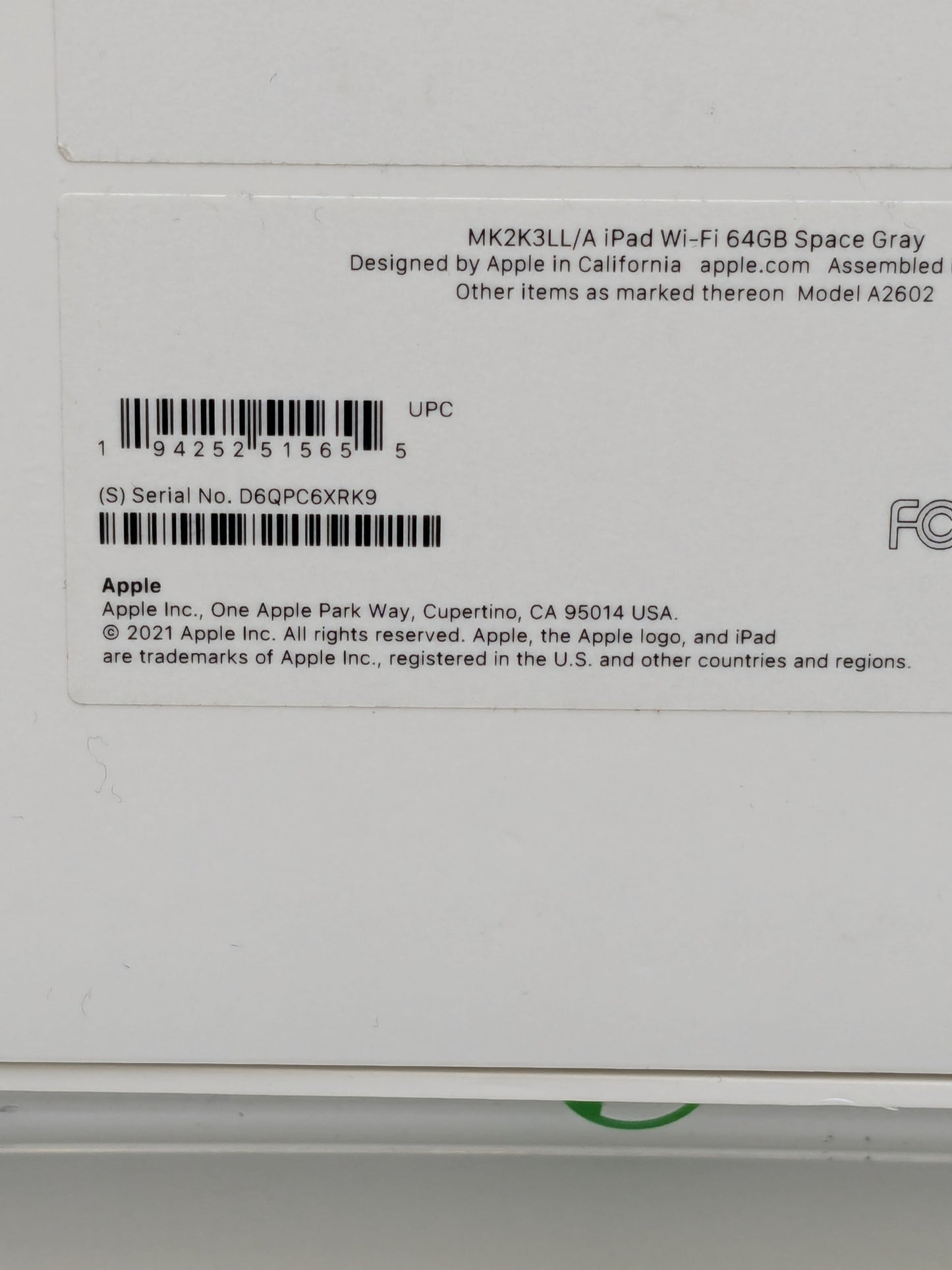 WiFi Only Apple iPad 9th Gen 64GB Space Gray MK2K3LL/A