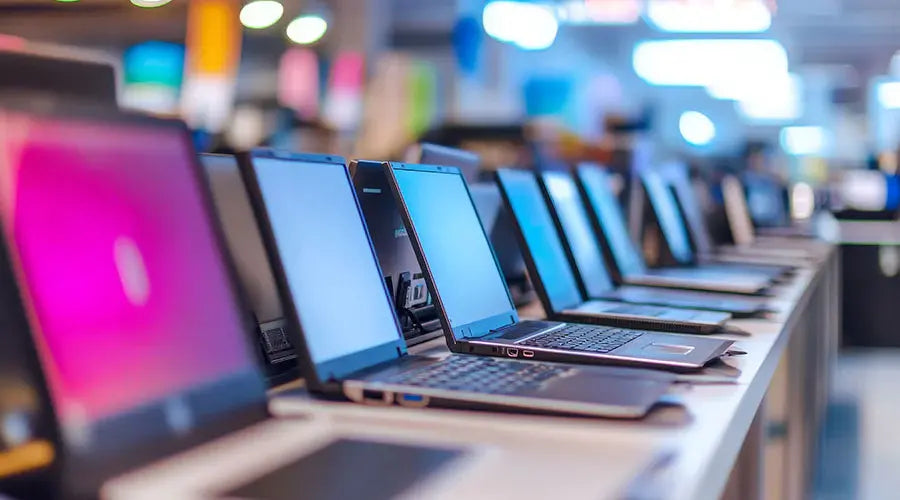 Row of gaming laptops on display showing modern graphics at PayMore Clinton