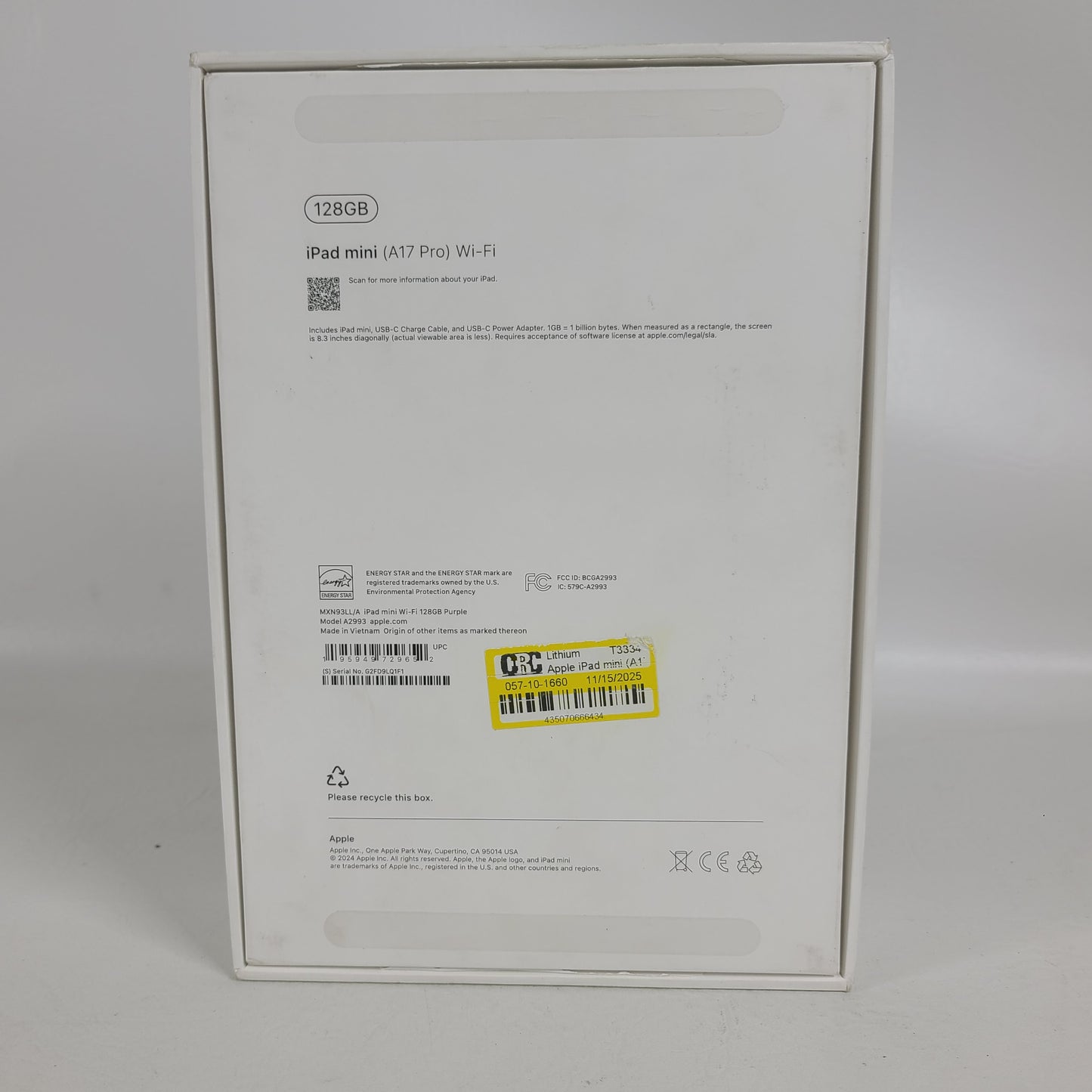 WiFi Only Apple iPad mini (A17 Pro) 128GB Purple MXN93LL/A