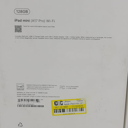 WiFi Only Apple iPad mini (A17 Pro) 128GB Purple MXN93LL/A