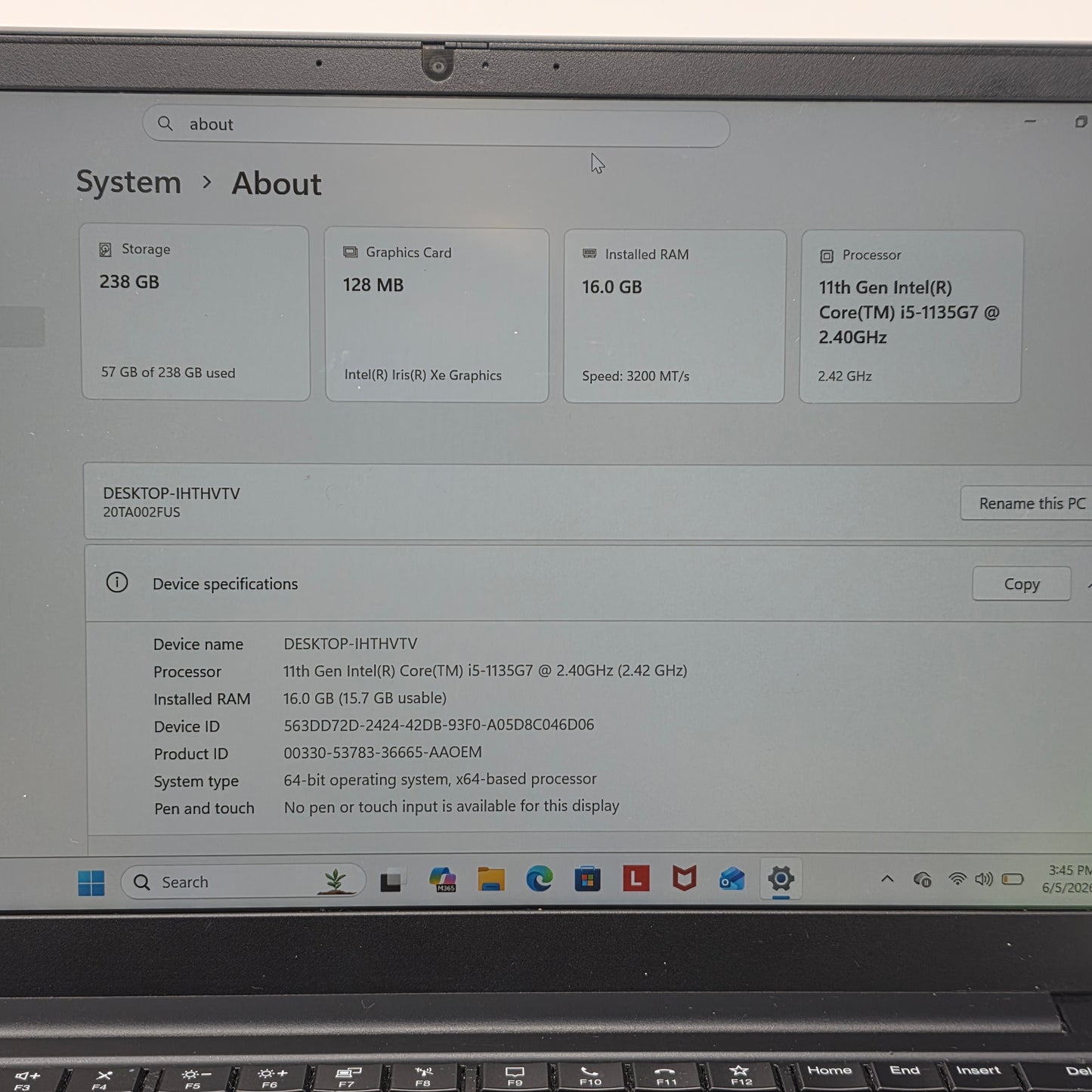 Lenovo thinkpaD JVHFC1 14" i5-1135G7 2.4GHz 16GB RAM 256GB SSD