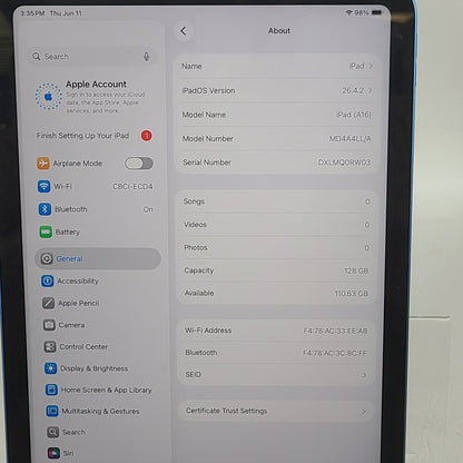 WiFi Only Apple iPad 11" (A16) 128GB Blue MD4A4LL/A