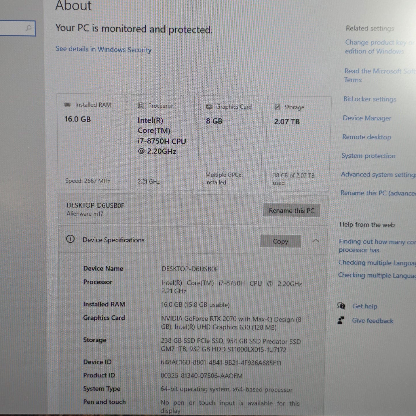 Alienware M17 D6USBF 17.3" i7-8750H 2.2GHz 16GB RAM 954GB SSD 932GB HDD GeForce 