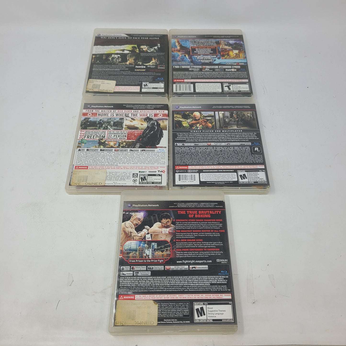 Lot of 5 PlayStation 3  Games Resident Evil 5 Max Payne 3 Fight Night Champion