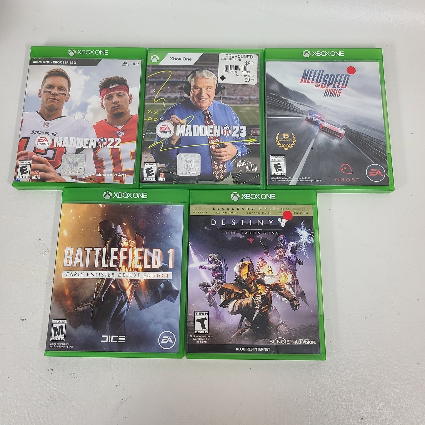 Lot of 5 Games Microsoft Xbox One Madden NFL 22,Madden NFL 23,Need for Speed Rivals,Battlefield 1,Destiny