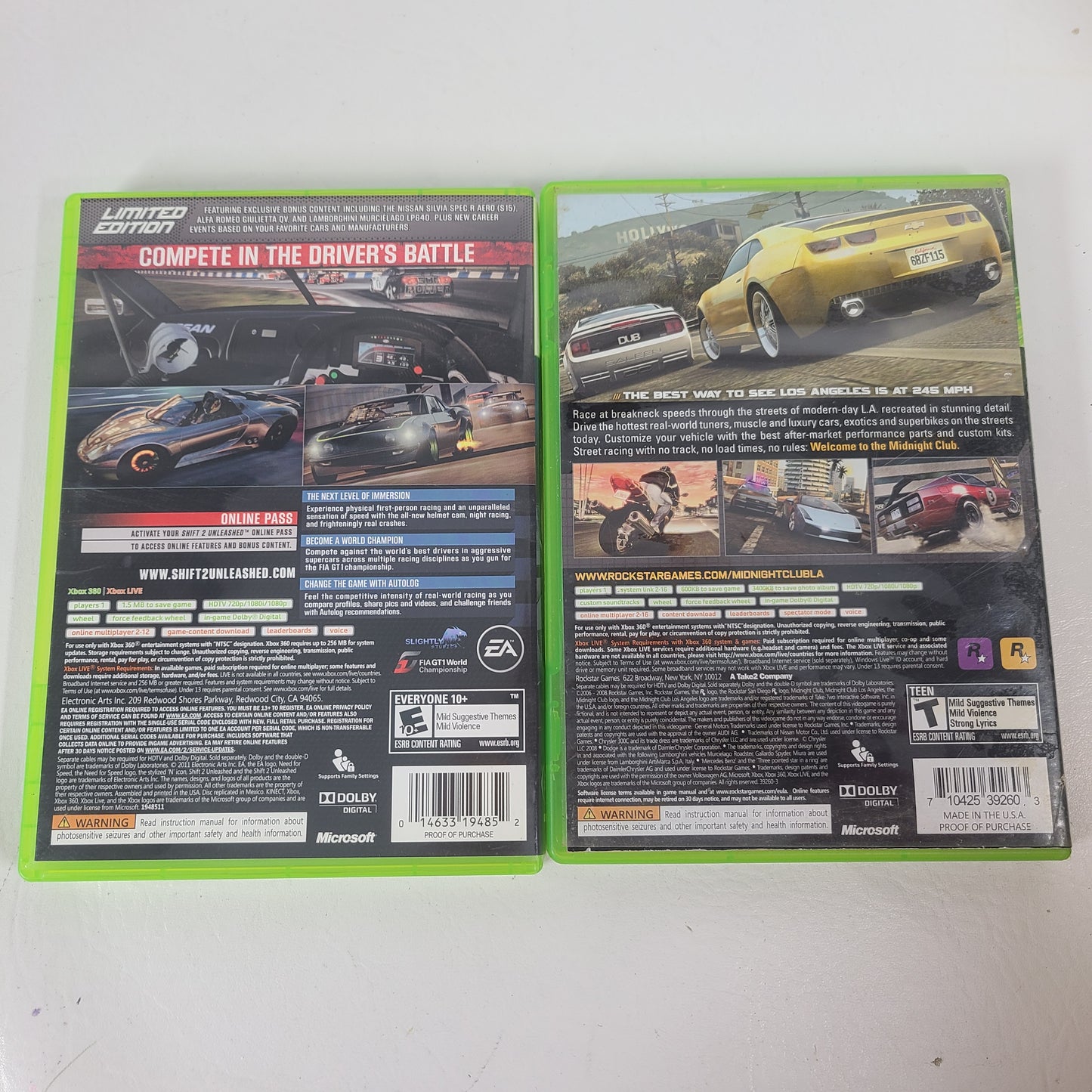 Lot 2 Xbox 360 Racing Game Shift 2 Unleashed Limited Edition Midnight Club Los 