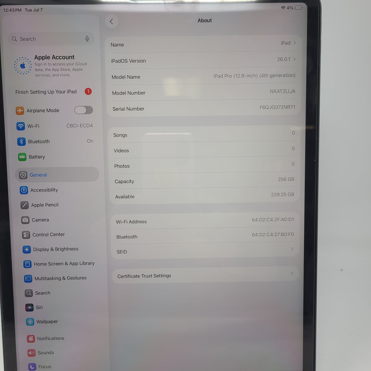 WiFi Only Apple iPad Pro 12.9" 4th Gen 256GB Space Gray NXAT2LL/A