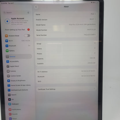 WiFi Only Apple iPad Pro 12.9" 4th Gen 256GB Space Gray NXAT2LL/A