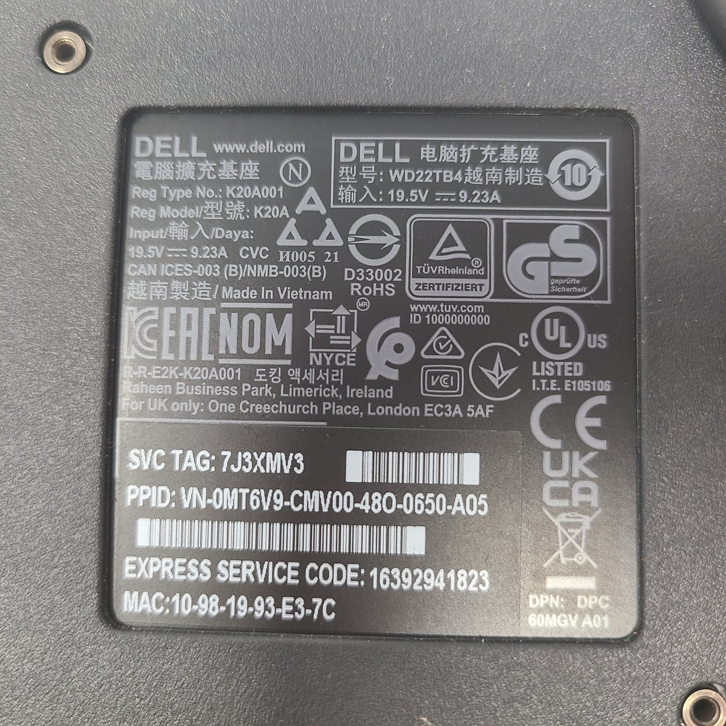 Dell WD19TB K20A001 Thunderbolt 3 USB-C Docking Station