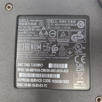 Dell WD19TB K20A001 Thunderbolt 3 USB-C Docking Station