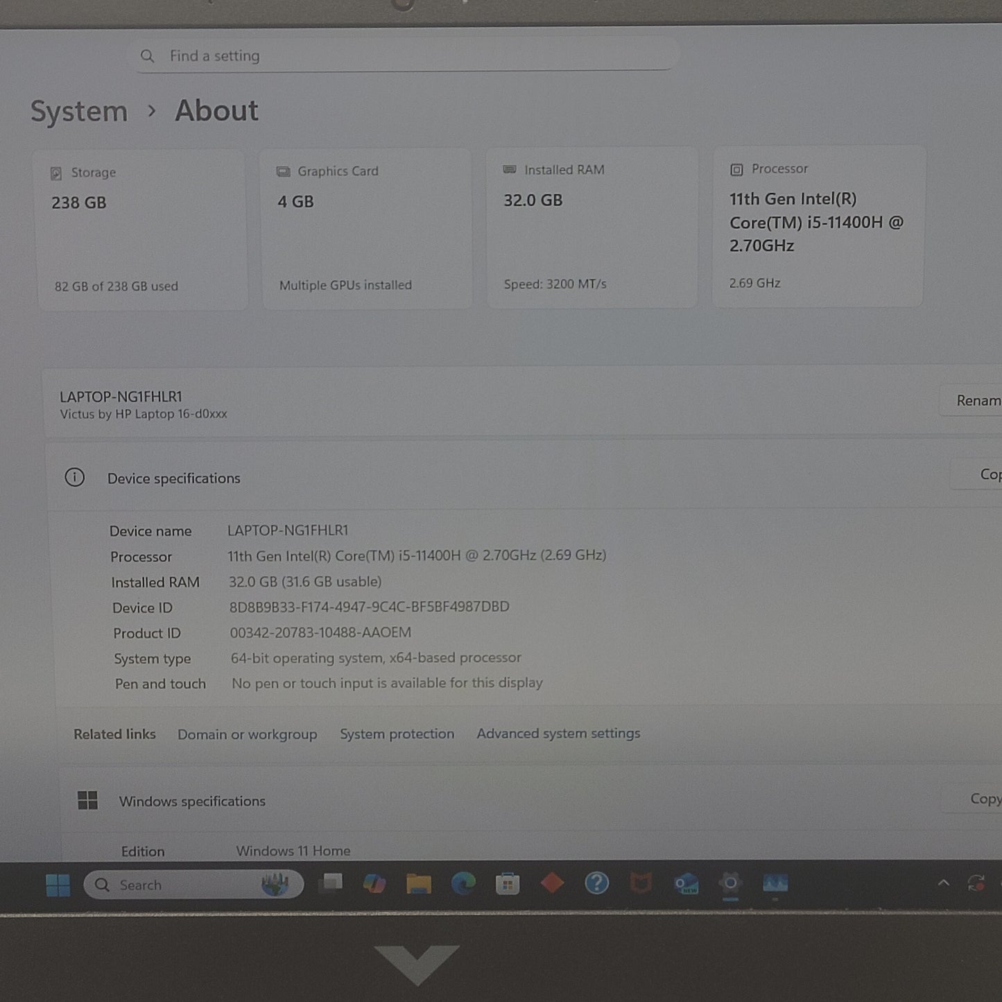HP Victus NG1FHLR1 16.1 i5-11400H 2.7GHz 32GB RAM 256GB SSD GeForce RTX 3050 Ti