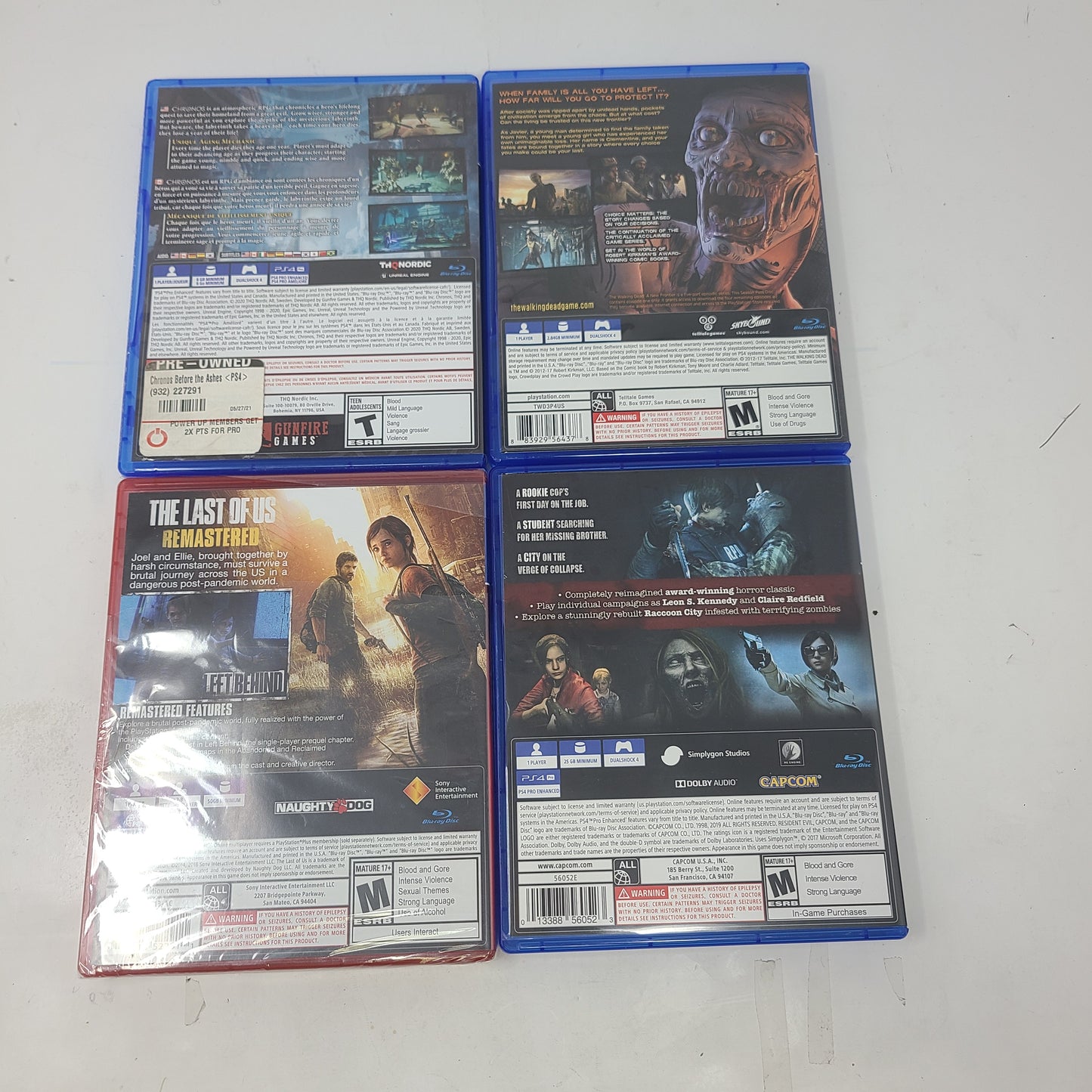 Lot of 4 PS4 Game Sony PlayStation 4 The Last of Us Remastered Resident Evil 2
