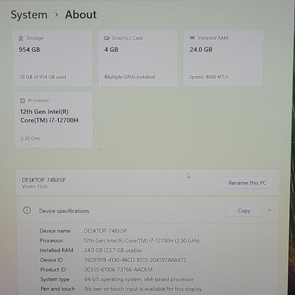 Dell Vostro 7620 16" i7-12700H 2.3GHz 16GB RAM 1TB SSD GeForce RTX 3050 Ti