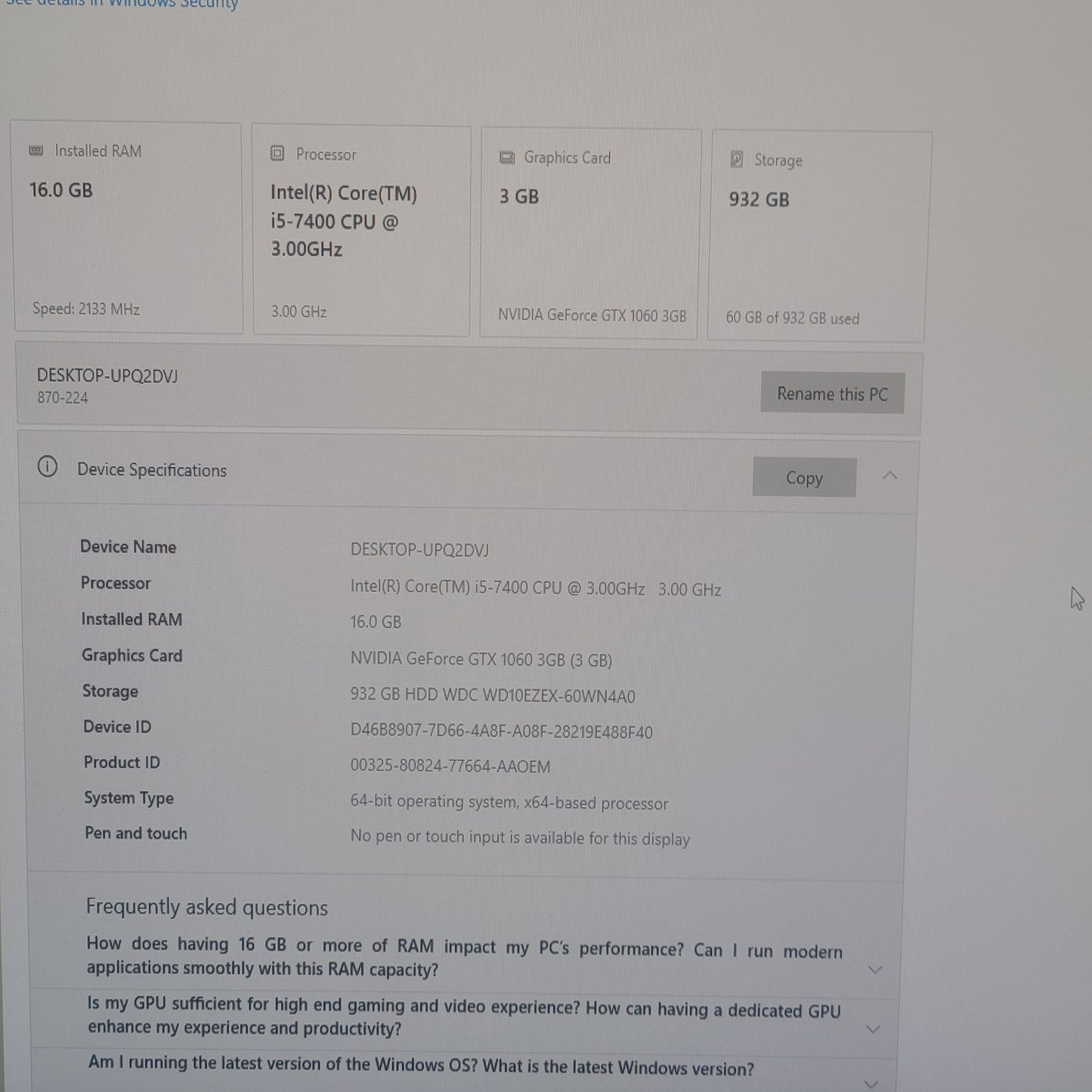 Omen Custom PC Core i5-7400 3.0GHz 16GB RAM 1TB HDD Nvidia GeForce GTX 1060