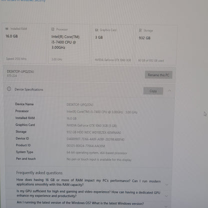 Omen Custom PC Core i5-7400 3.0GHz 16GB RAM 1TB HDD Nvidia GeForce GTX 1060