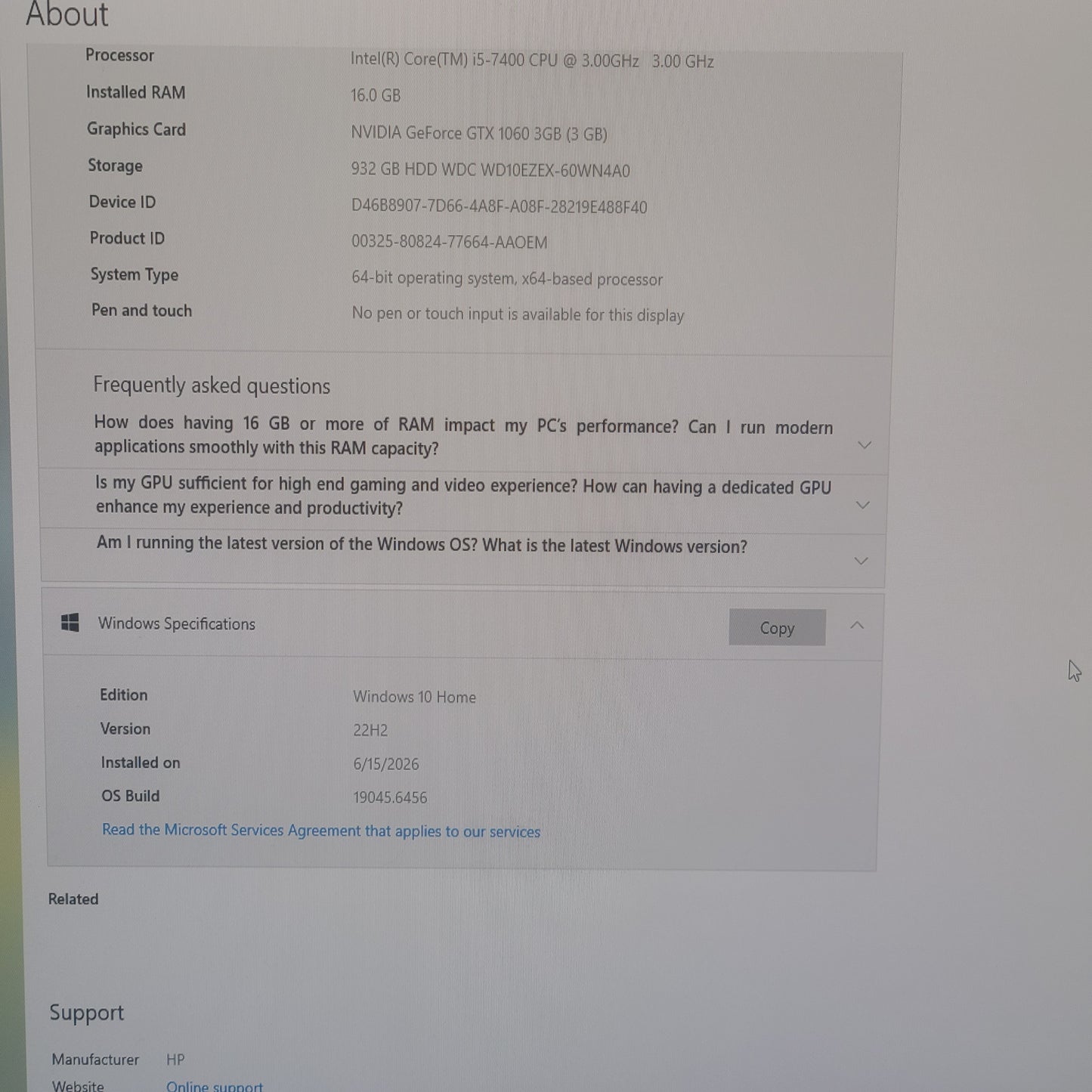 Omen Custom PC Core i5-7400 3.0GHz 16GB RAM 1TB HDD Nvidia GeForce GTX 1060