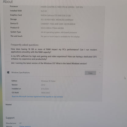 Omen Custom PC Core i5-7400 3.0GHz 16GB RAM 1TB HDD Nvidia GeForce GTX 1060