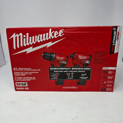 New Milwaukee 3494-22 M12 12V Subcompact Brushless 2-Tool Combo Kit