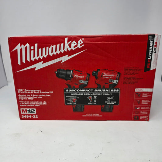 New Milwaukee 3494-22 M12 12V Subcompact Brushless 2-Tool Combo Kit