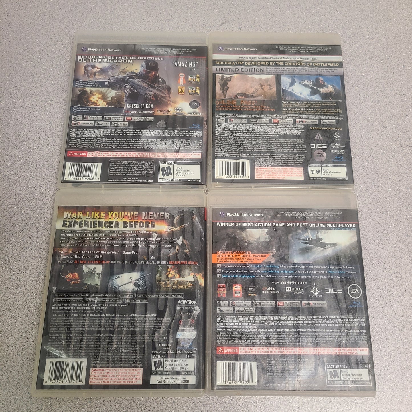 Lot of 4 PS3 Games Call Of Duty World At War Battlefield 3 Crysis Medal Honor