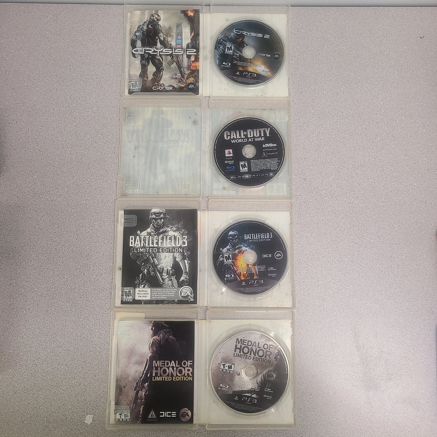Lot of 4 PS3 Games Call Of Duty World At War Battlefield 3 Crysis Medal Honor