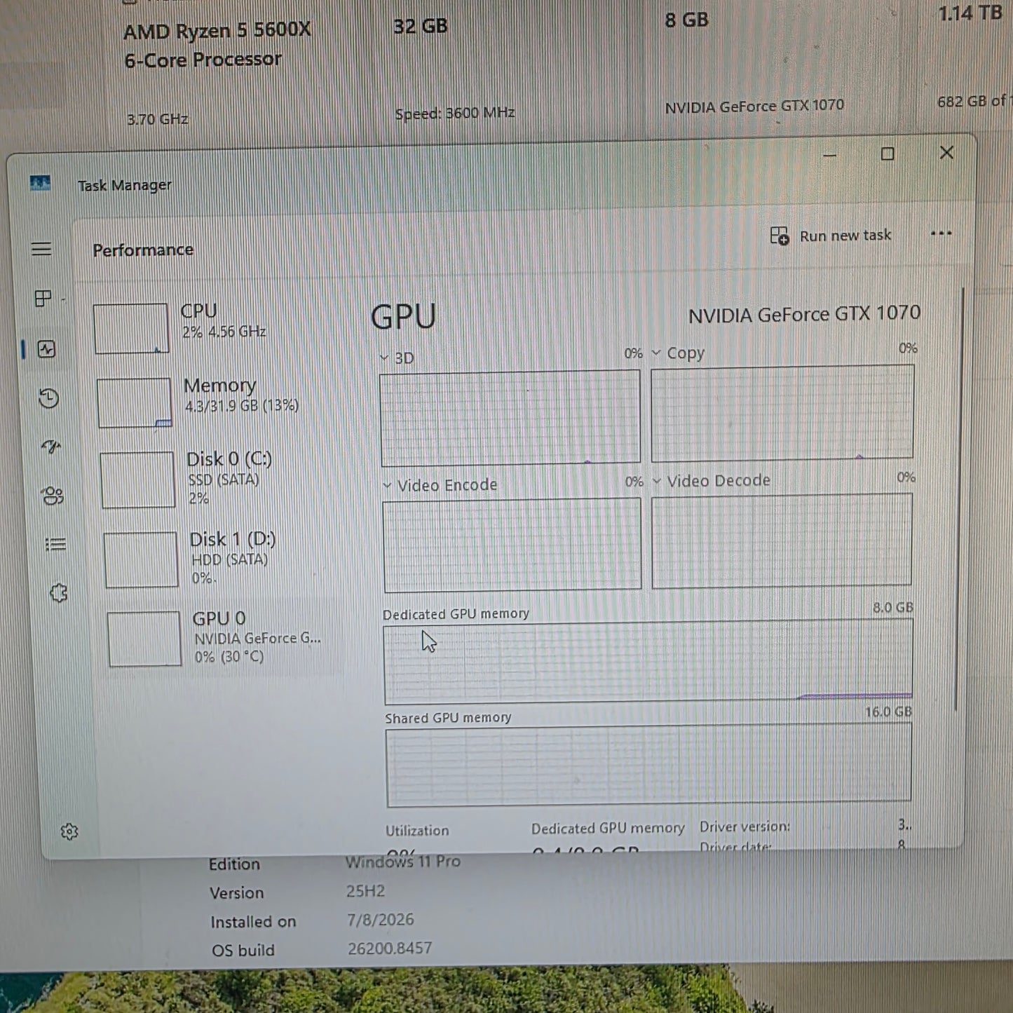 Fractal Desing Custom PC Ryzen 5 5600X 3.70GHz 32GB RAM 256GB SSD 1TB HDD Nvidia