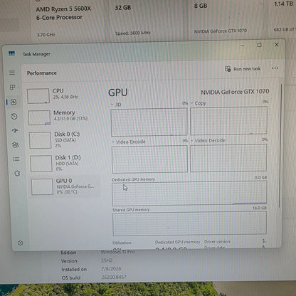 Fractal Desing Custom PC Ryzen 5 5600X 3.70GHz 32GB RAM 256GB SSD 1TB HDD Nvidia