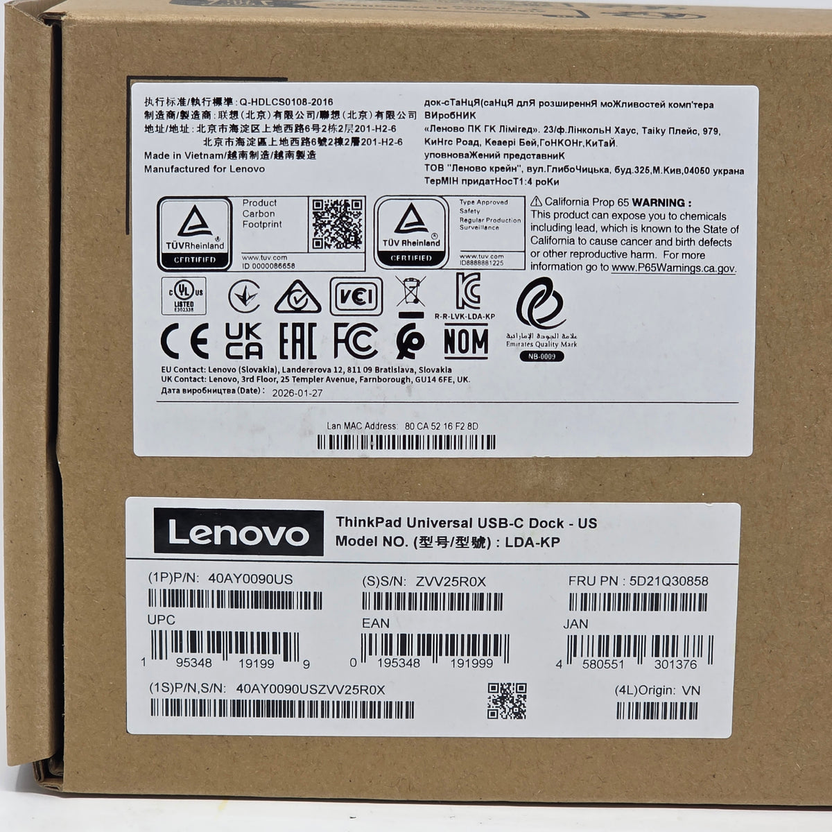 New Lenovo ThinkPad Universal USB-C Dock 40AY0090US LDA-KP Docking Station