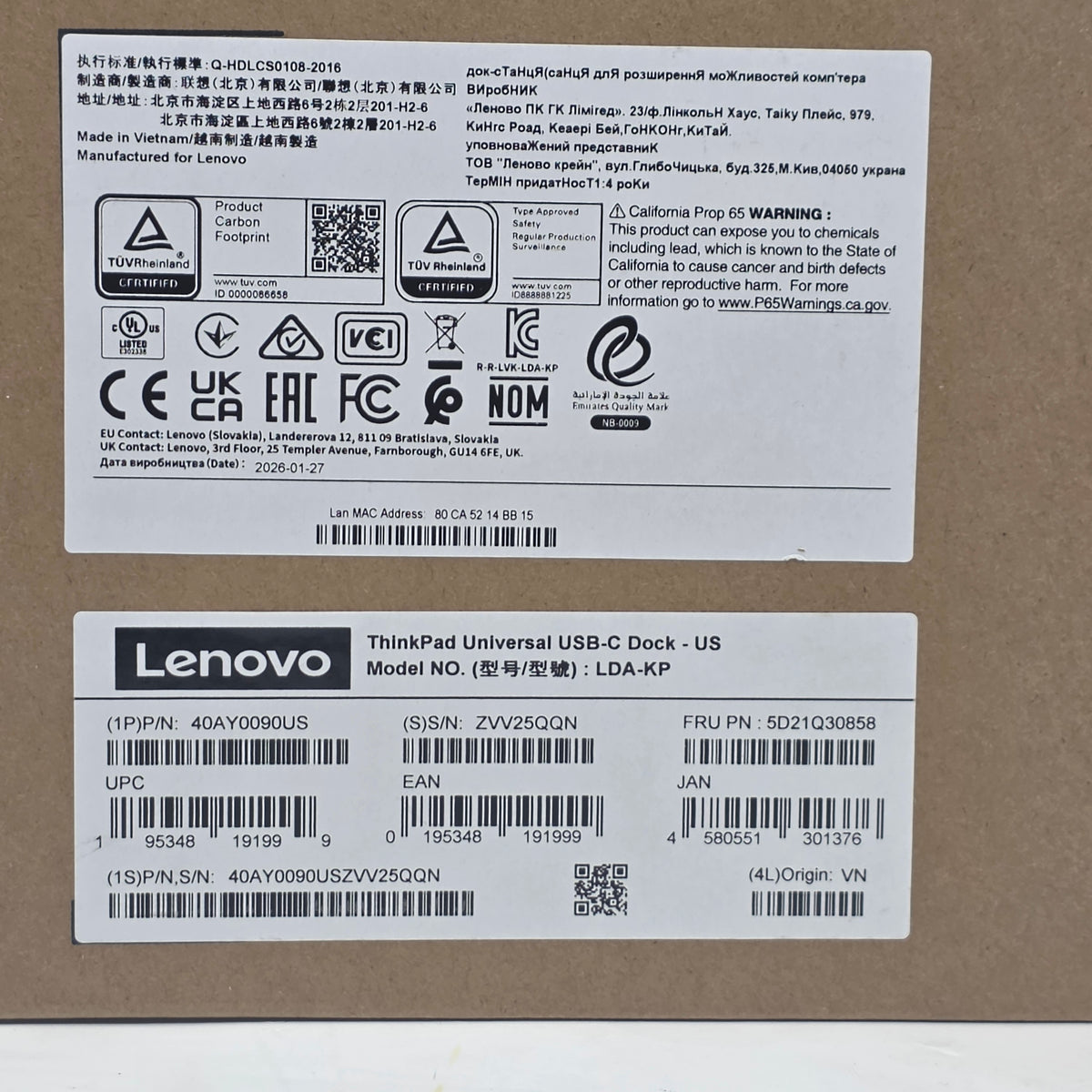 New Lenovo ThinkPad Universal USB-C Dock 40AY0090US LDA-KP Docking Station
