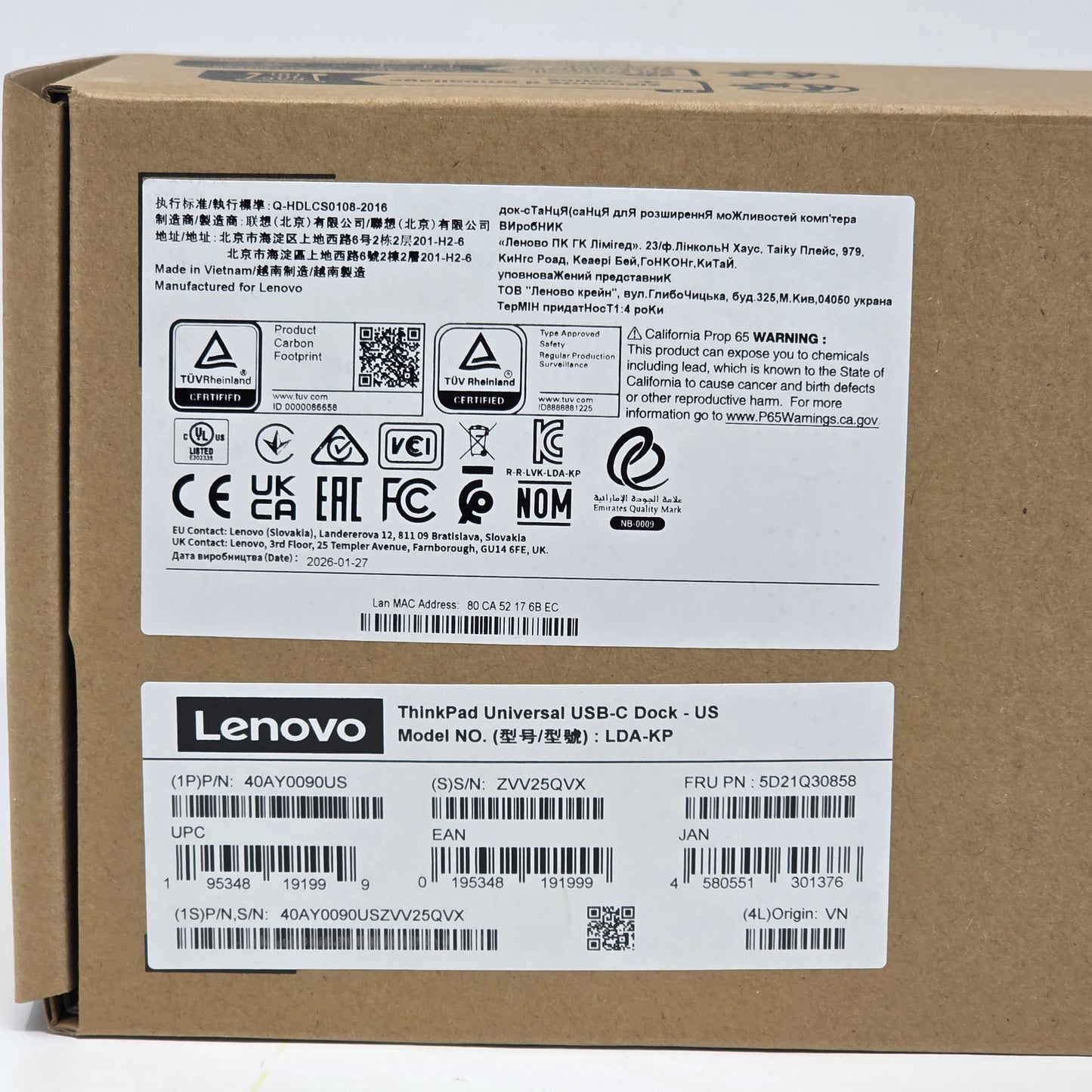 New Lenovo ThinkPad Universal USB-C Dock 40AY0090US LDA-KP Docking Station