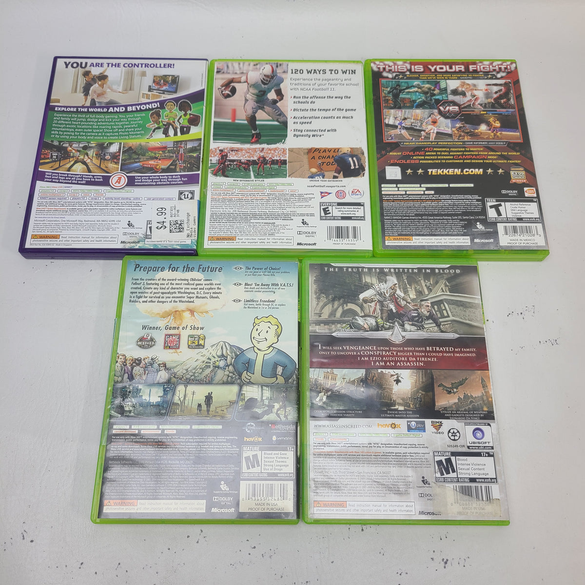 Lot of 5 Microsoft Xbox 360 Games Fallout 3 Tekken 6 Assassin's Creed II