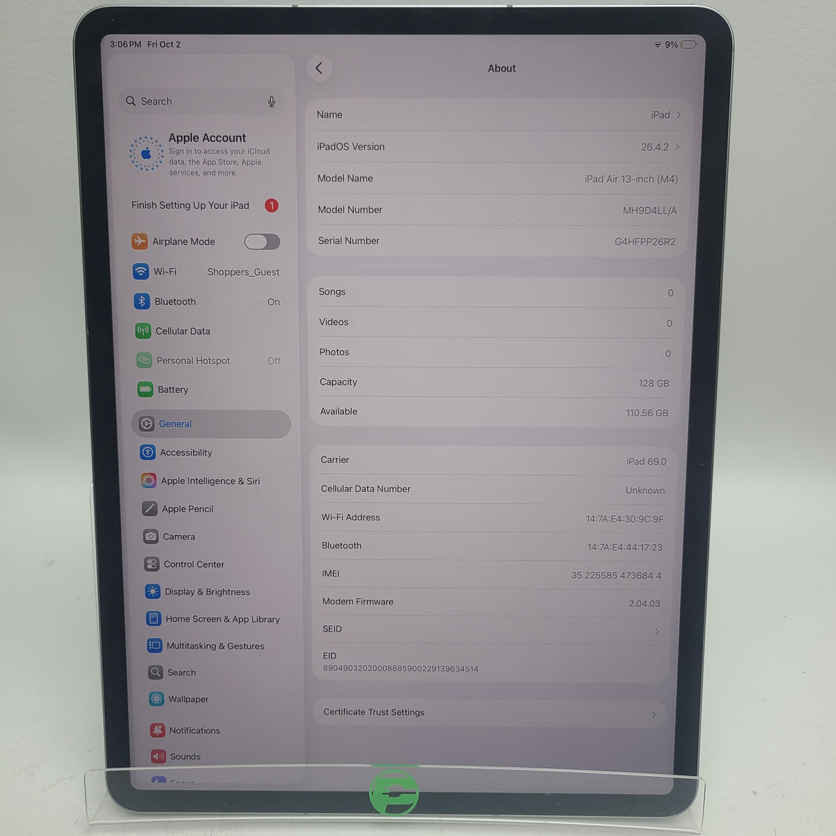 WiFi Only Apple iPad Air 13" M4 128GB Space Gray MH9D4LL/A