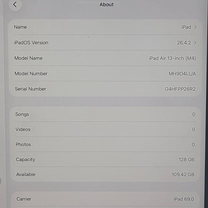 WiFi Only Apple iPad Air 13" M4 128GB Space Gray MH9D4LL/A