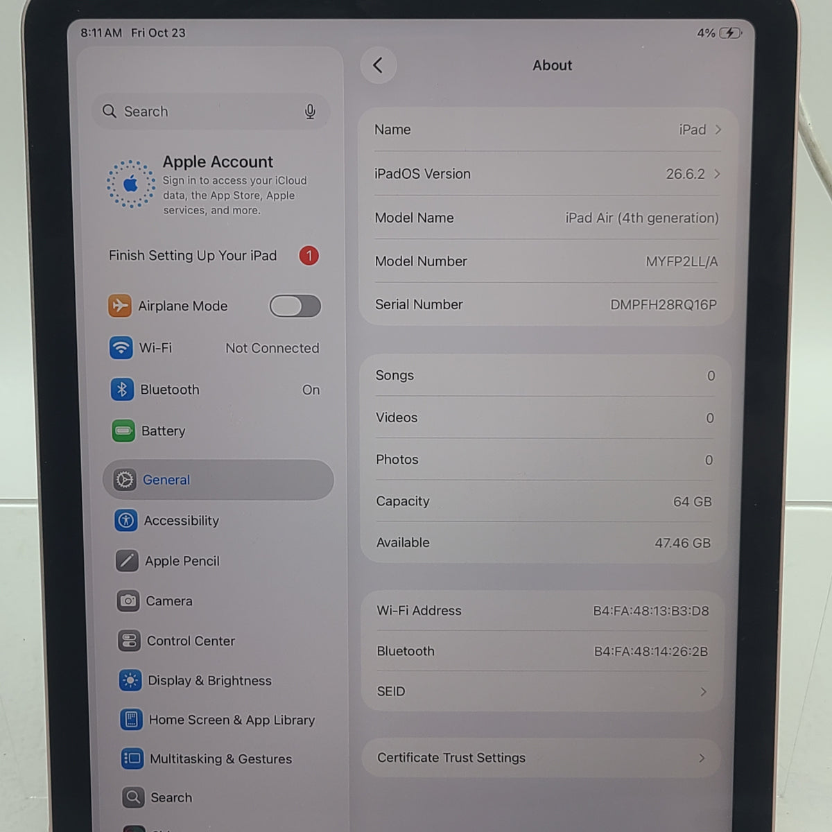 WiFi Only Apple iPad Air 4th Gen 64GB Rose Gold MYFP2LL/A