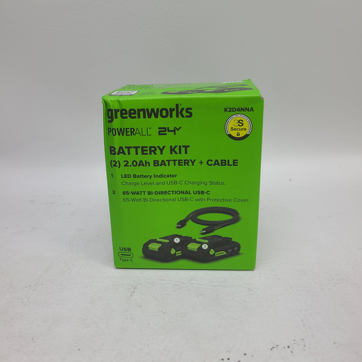 New Greenworks PowerAll 24V Battery Kit 2-Pack 2.0Ah USB-C Cable K2D4NNA
