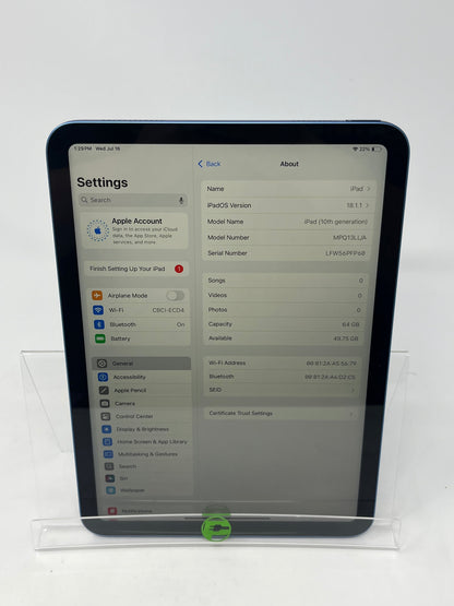 WiFi Only Apple iPad 10th Gen 64GB Blue MPQ13LL/A
