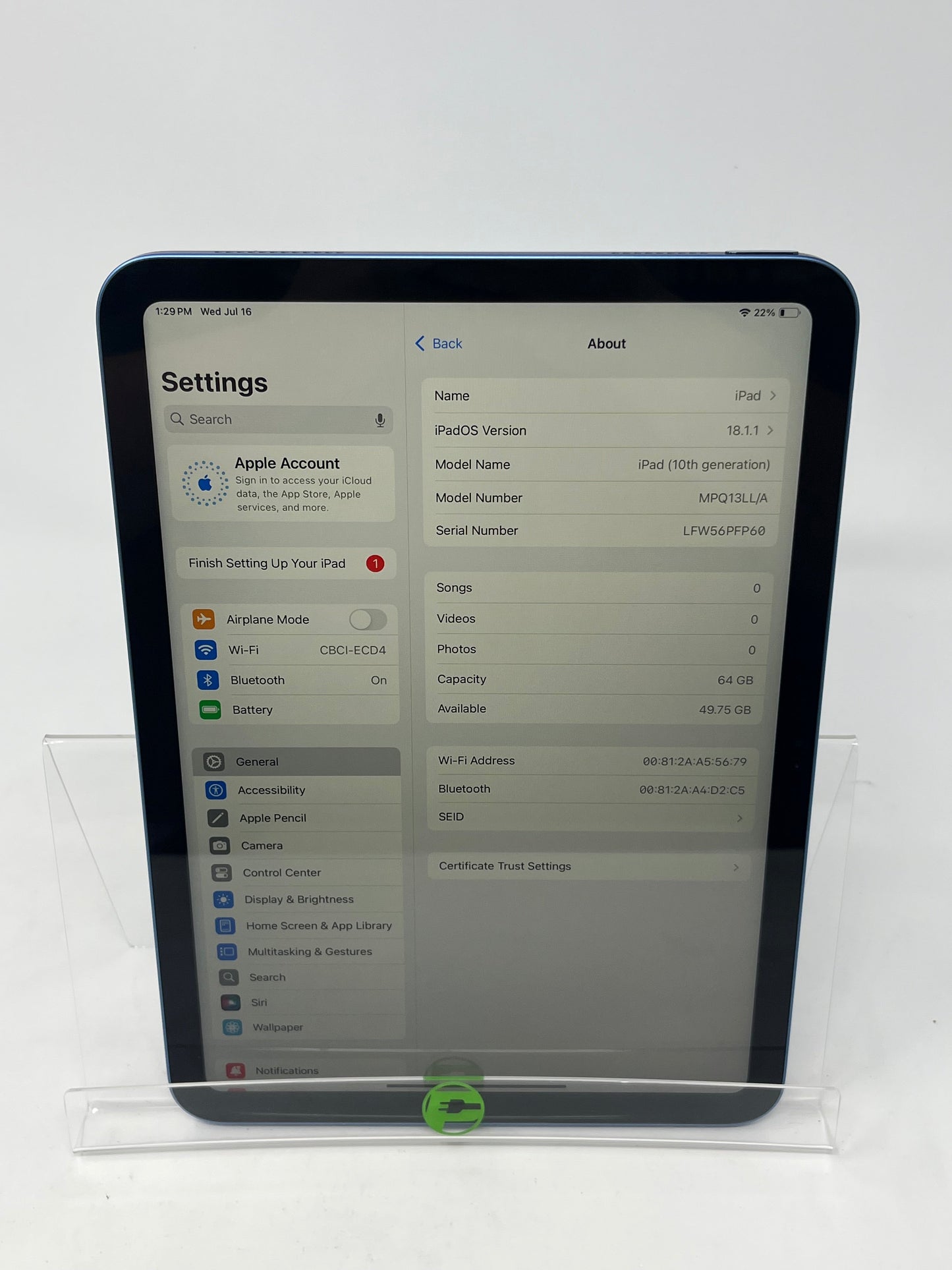 WiFi Only Apple iPad 10th Gen 64GB BLUE MPQ13LL/A