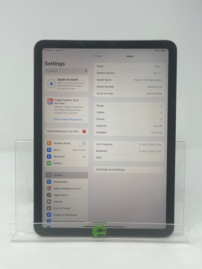 WiFi Only Apple iPad 5th Gen 64GB 18.3.1 SPACE GRAY A2588