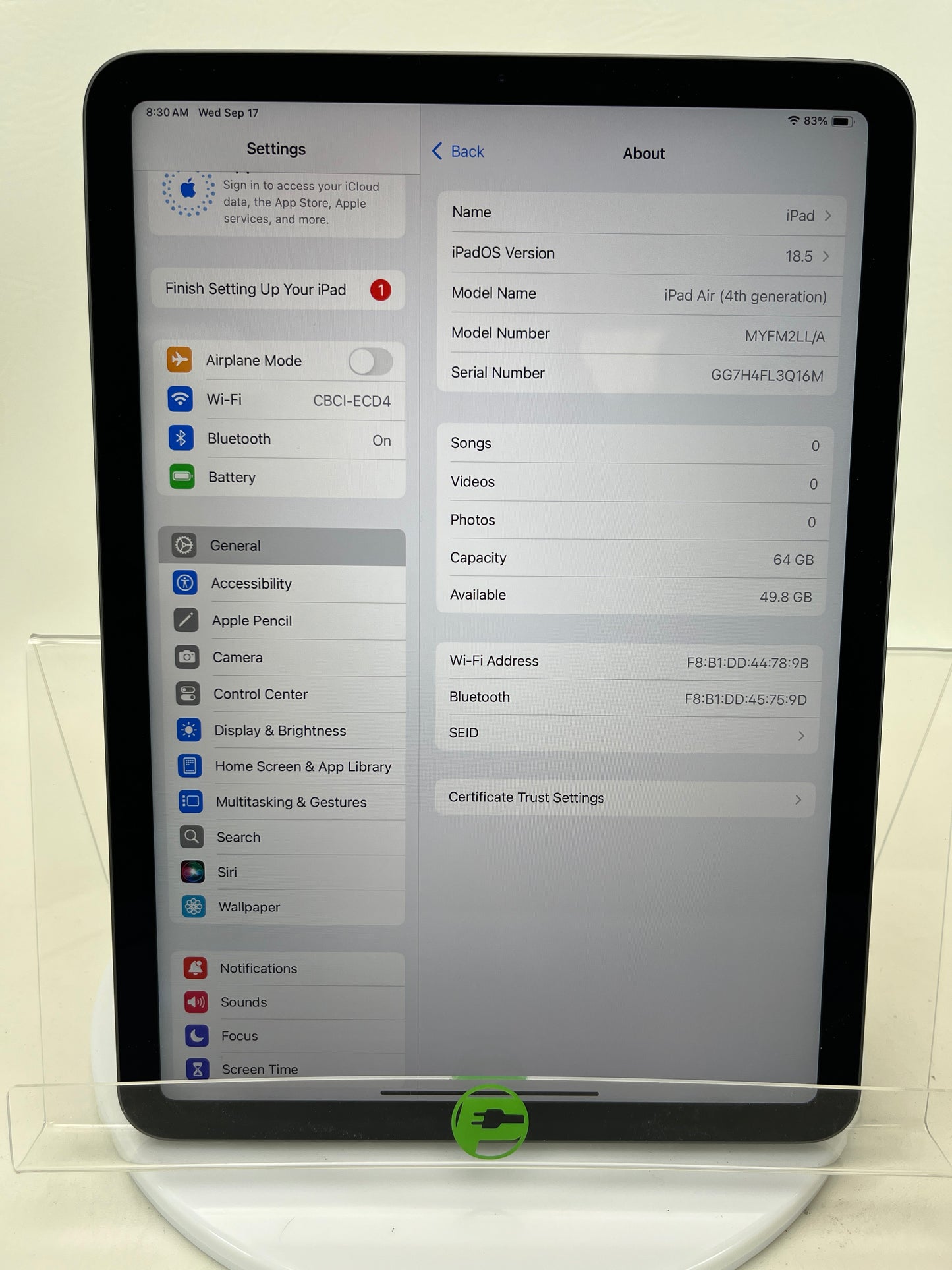 WiFi Only Apple iPad Air 4th Gen 64GB SPACE GRAY MYFM2LL/A