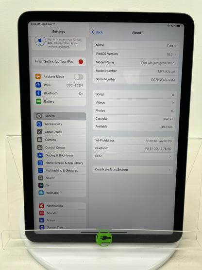 WiFi Only Apple iPad Air 4th Gen 64GB SPACE GRAY MYFM2LL/A