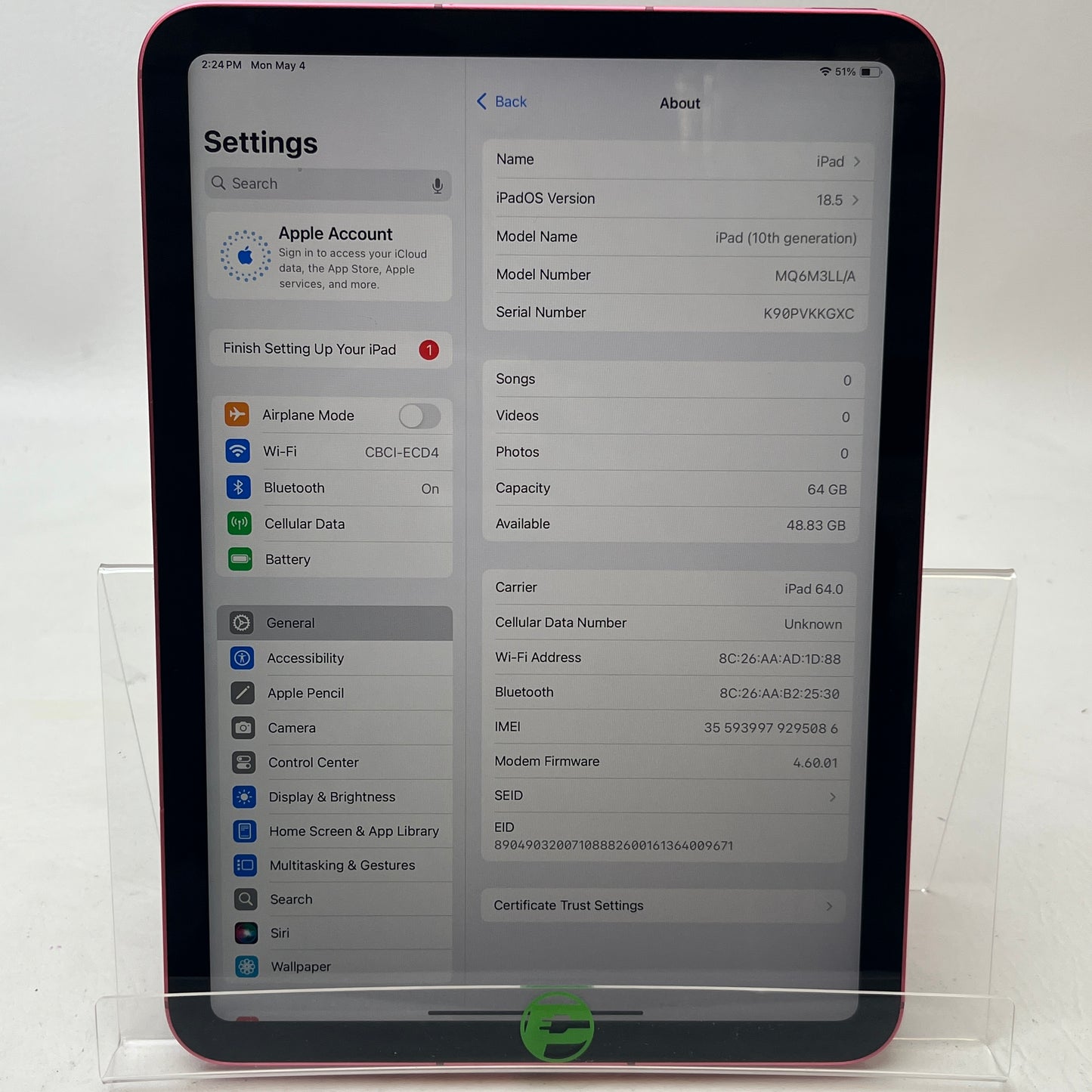 Unlocked Apple iPad 10th Gen 64GB Pink MQ6M3LL/A