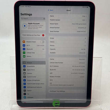 Unlocked Apple iPad 10th Gen 64GB Pink MQ6M3LL/A