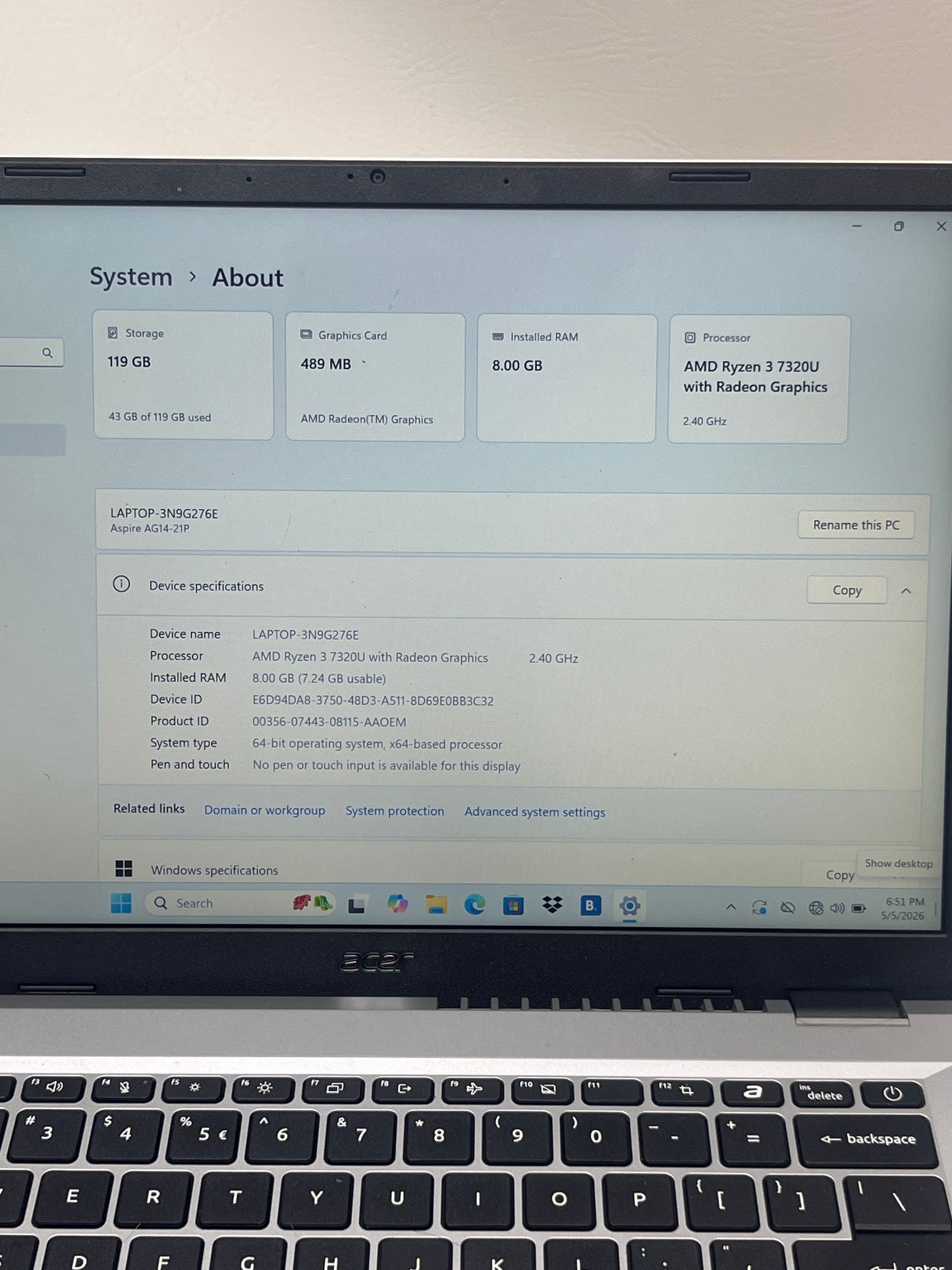 Acer Aspire go 14 AG14-21P 14" Ryzen 3 7320U 2.4GHz 8GB RAM 128GB SSD