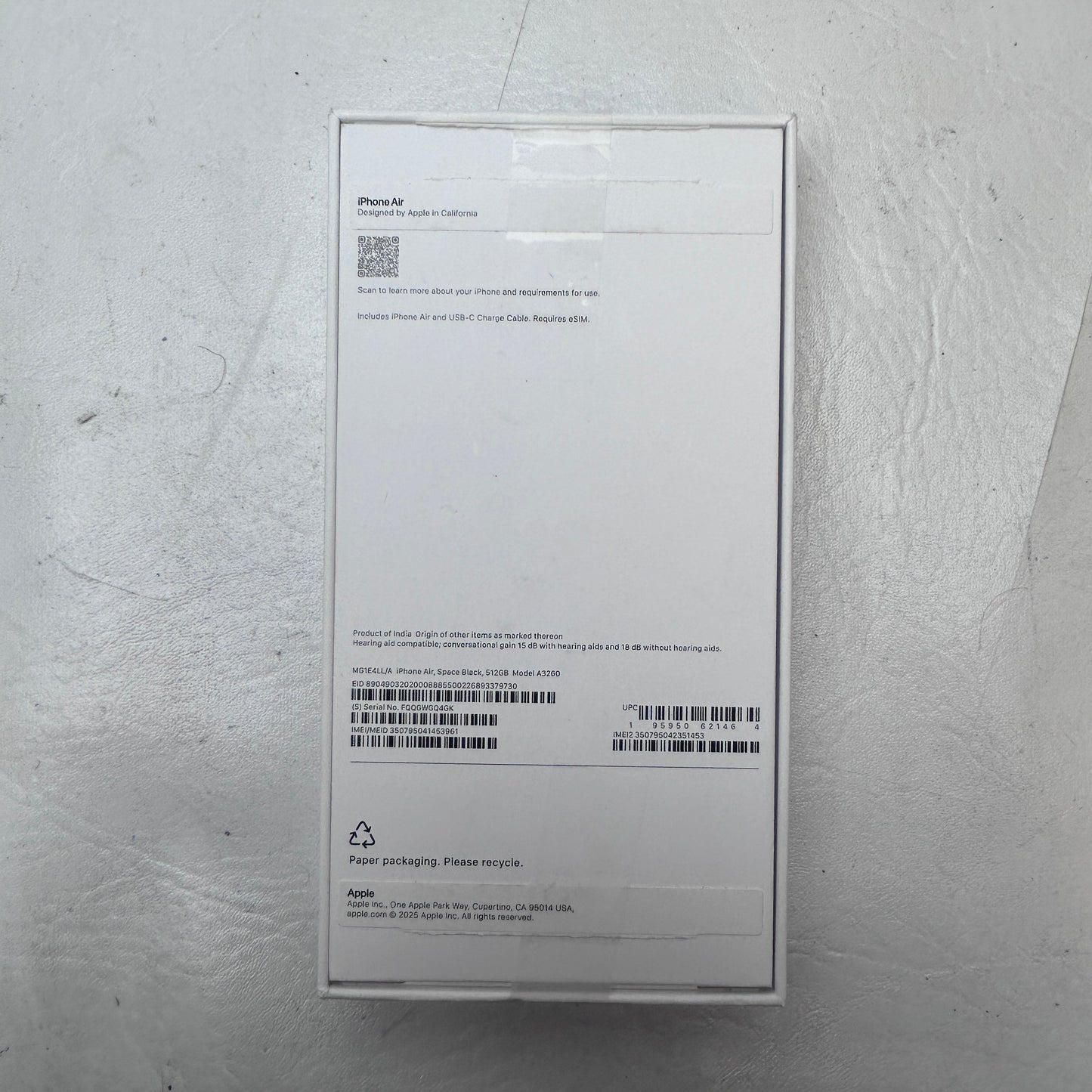 Factory Unlocked Apple iPhone Air 512GB Space Black MG1E4LL/A