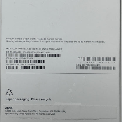 Factory Unlocked Apple iPhone Air 512GB Space Black MG1E4LL/A