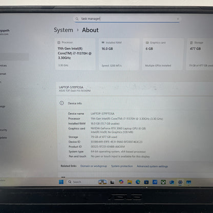 AsusTUF Dash F15 FX516PM 15.6" i7-11370H 3.3GHz 16GB RAM 512GB SSD GeForce RTX 