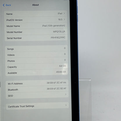 WiFi Only Apple iPad 10th Gen 64GB Blue MPQ13LL/A