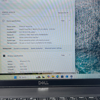 Dell Latitude 5501 15.6" i7-9850H 2.6GHz 32GB RAM 512GB SSD