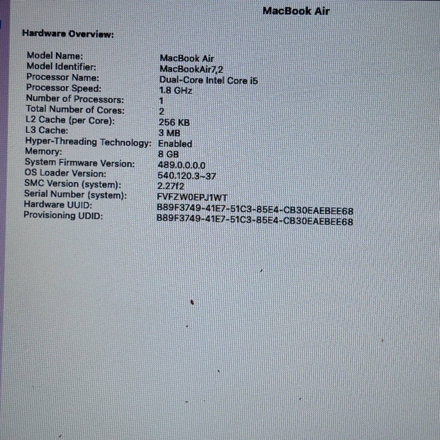 2017 Apple MacBook Air 13.3" i5 1.8GHz 4GB RAM 256GB SSD Silver A1466